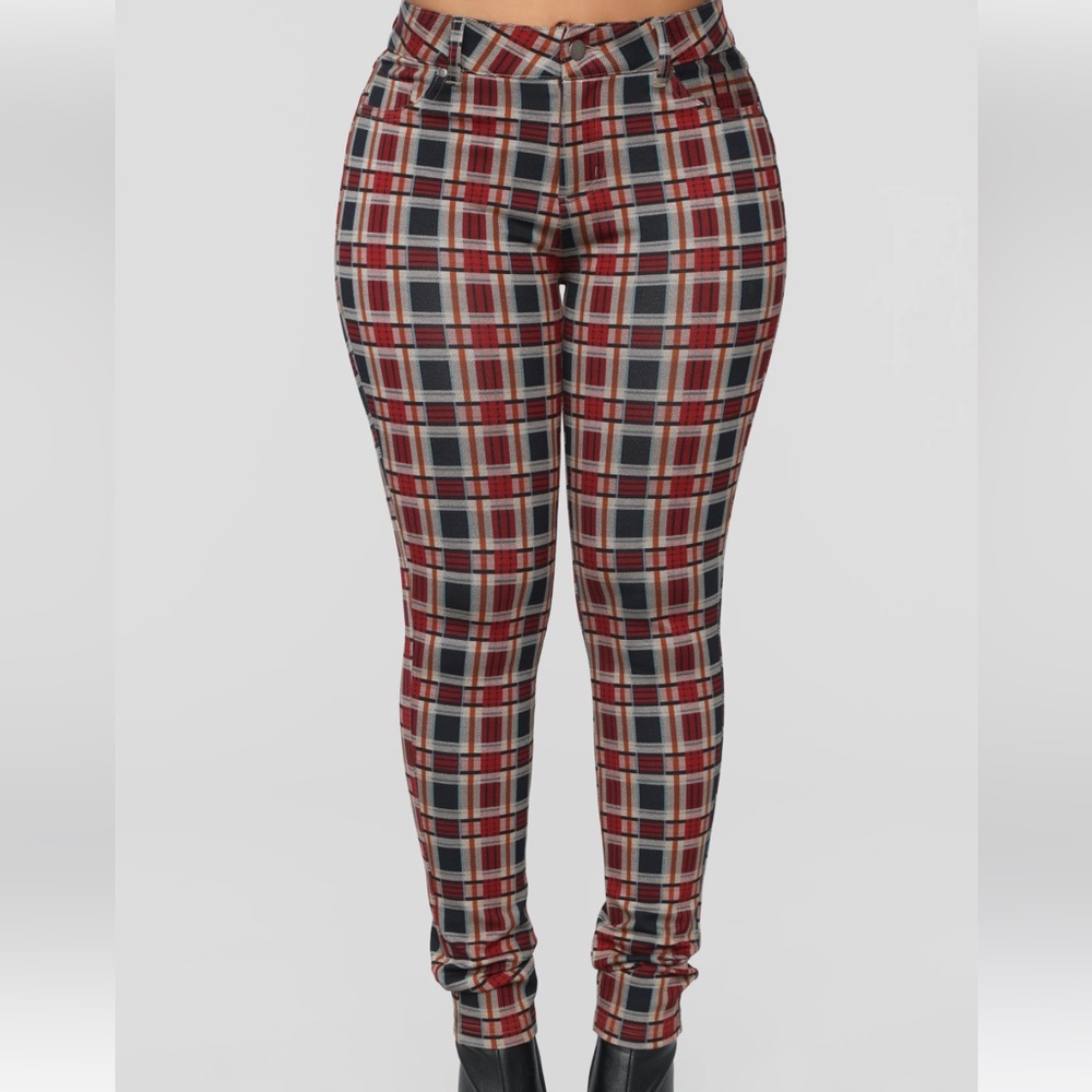 BROWN PLAID PRINT SKINNY JEANS SIZE 5